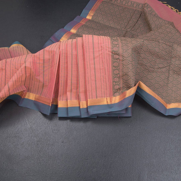 Chettinad Cotton Peach Thread Embossed Saree