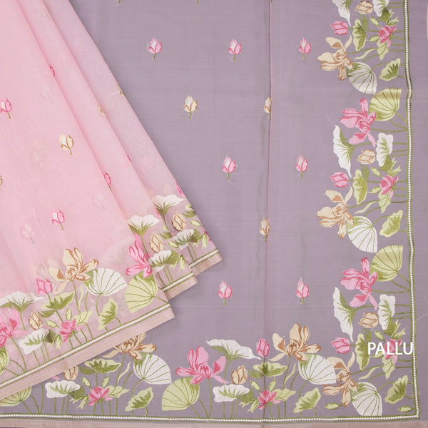 Organza Light Pink Floral Thread Embroidered Saree