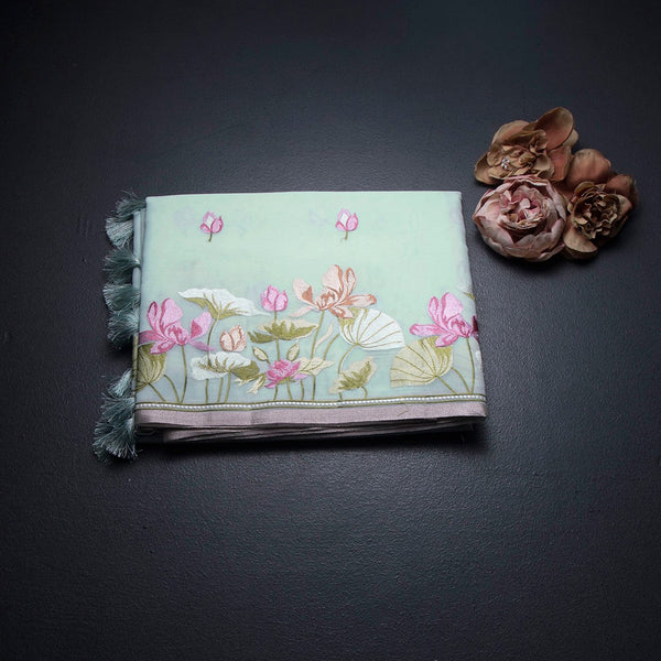Organza Mint Green Floral Thread Embroidered Saree