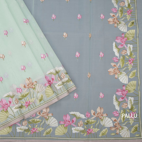 Organza Mint Green Floral Thread Embroidered Saree