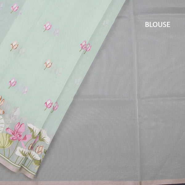 Organza Mint Green Floral Thread Embroidered Saree