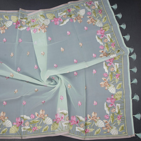 Organza Mint Green Floral Thread Embroidered Saree