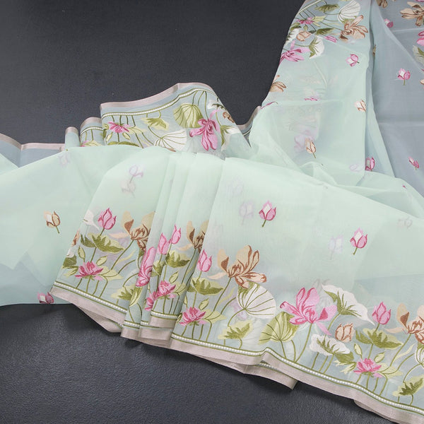 Organza Mint Green Floral Thread Embroidered Saree