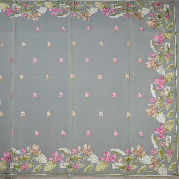 Organza Light Green Floral Thread Embroidered Saree