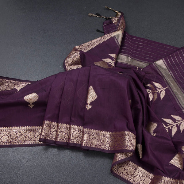 Semi Silk Dark Purple Zari Worked Saree 02