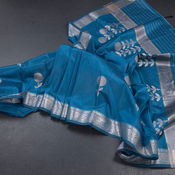 Semi Silk Peacock Blue Zari Worked Saree 02