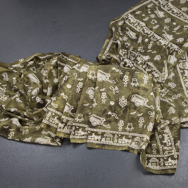 Chanderi Cotton Mehandi Green Printed Saree