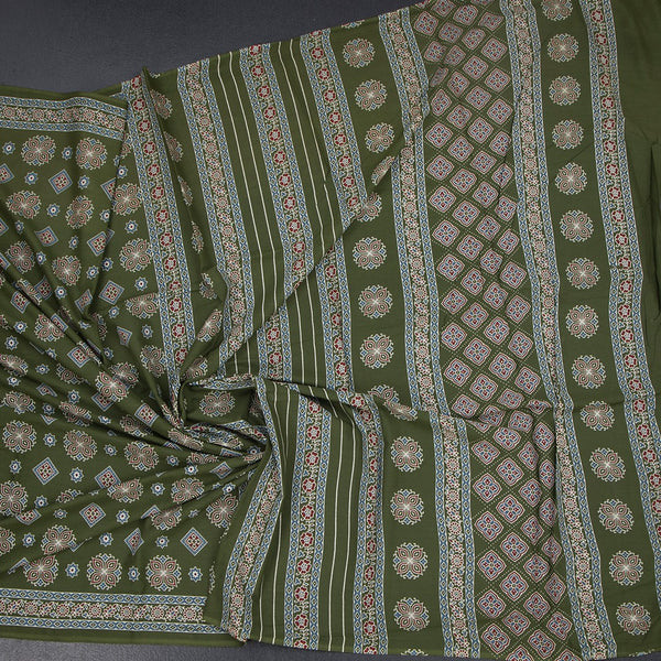 Chanderi Cotton Mehandi Green Printed Saree 02