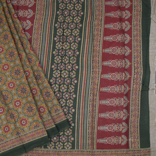 Chanderi Cotton Olive Green Printed Saree 02