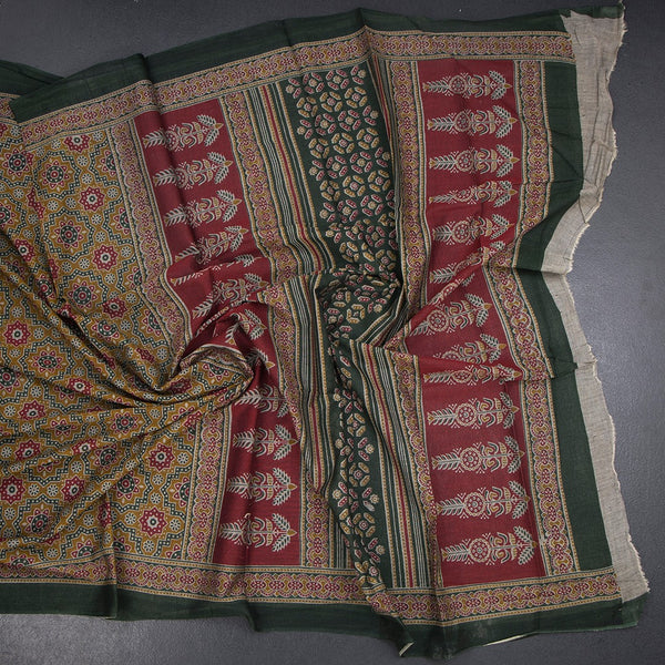 Chanderi Cotton Olive Green Printed Saree 02
