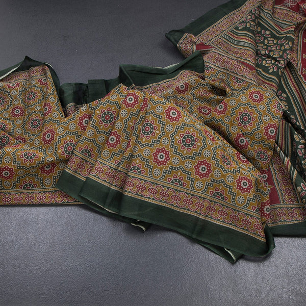 Chanderi Cotton Olive Green Printed Saree 02