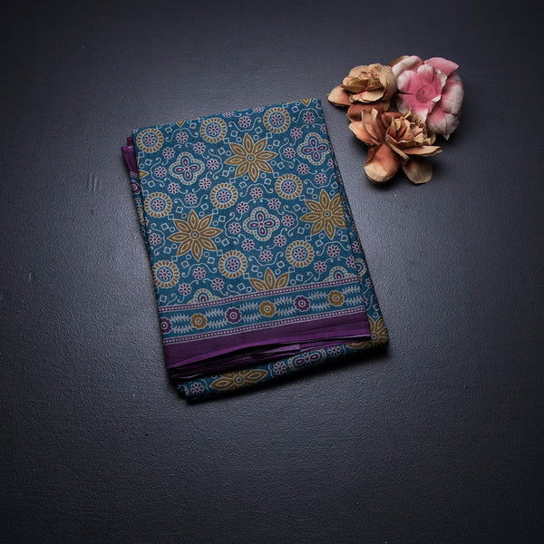 Chanderi Cotton Peacock Blue Printed Saree
