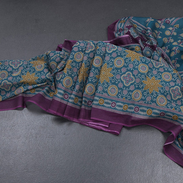 Chanderi Cotton Peacock Blue Printed Saree