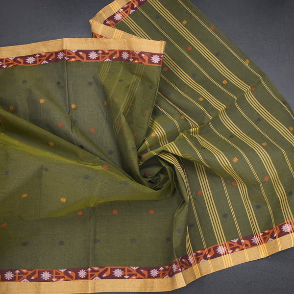 KTSR41985-5-Bengali-Cotton-Olive-Green-Saree-With-Thread-Buttas-crush