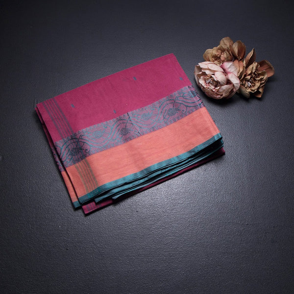 KTSR41988-1-Bengali-Cotton-Rose-Pink-Saree-With-Thread-Buttas-fold