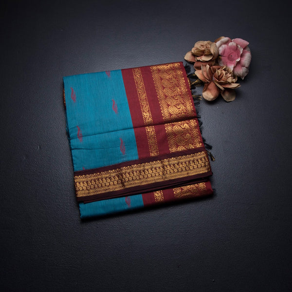 KTSR42002-1-Kalyani-Cotton-Peacock-Blue-Zari-Worked-Saree-fold