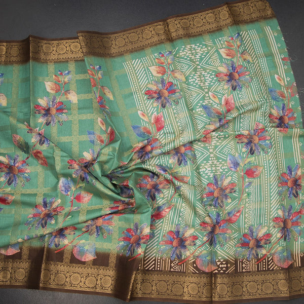 KTSR42112-5-Semi-Raw-Silk-Jade-Green-Floral-Printed-With-Zari-Checked-Saree-crush