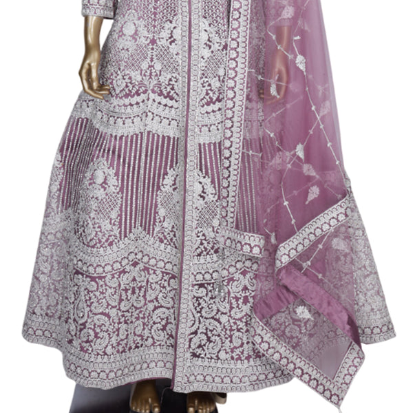 Netted Light Purple Embroidered Frock With Stone Work