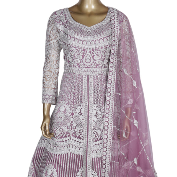 Netted Light Purple Embroidered Frock With Stone Work