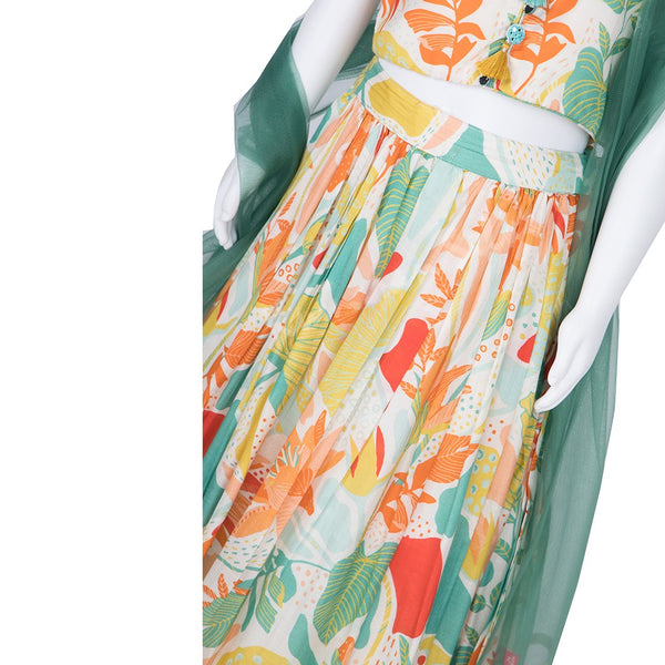 Cream Printed Lehanga Choli