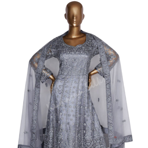 Netted Grey Gown With Stone Work