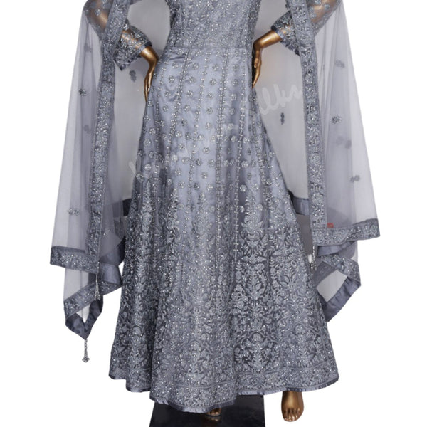 Netted Grey Gown With Stone Work