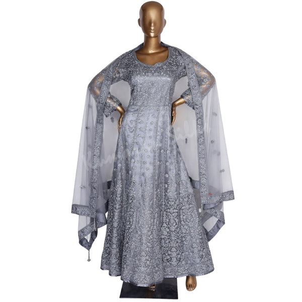 Netted Grey Gown With Stone Work