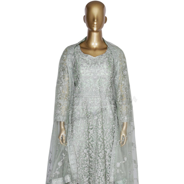 Netted Pista Green Gown With Stone Work
