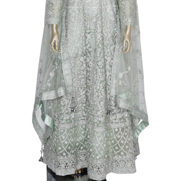 Netted Pista Green Gown With Stone Work