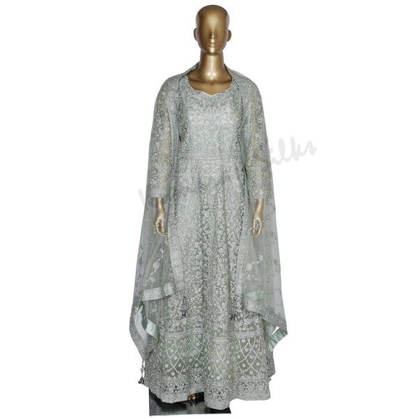 Netted Pista Green Gown With Stone Work