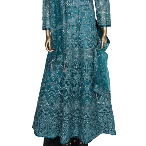 Netted Peacock Green Gown With Stone Work