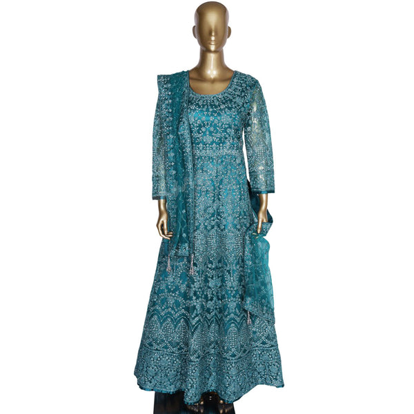 Netted Peacock Green Gown With Stone Work