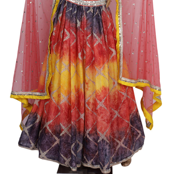 Georgette Yellow Printed Lehanga Choli With Mirror And Stone Work