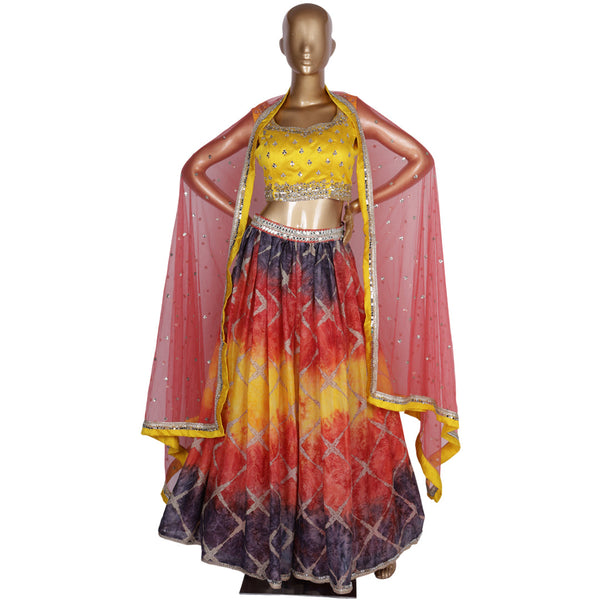 Georgette Yellow Printed Lehanga Choli With Mirror And Stone Work