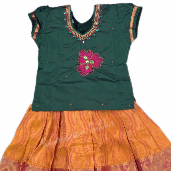 Pure Silk Dark Green 2 Years Baby Pavada Set - Kumaran Silks