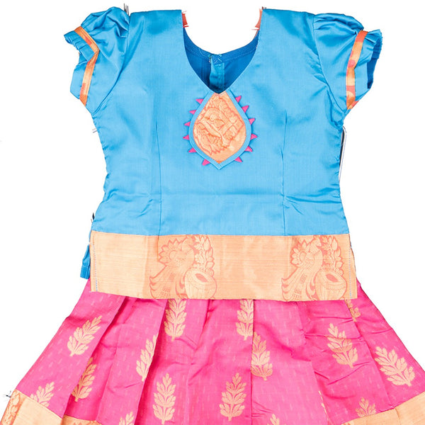 Pure Silk Light Sky Blue With Dark Pink 1 Years Baby Pavadai Set