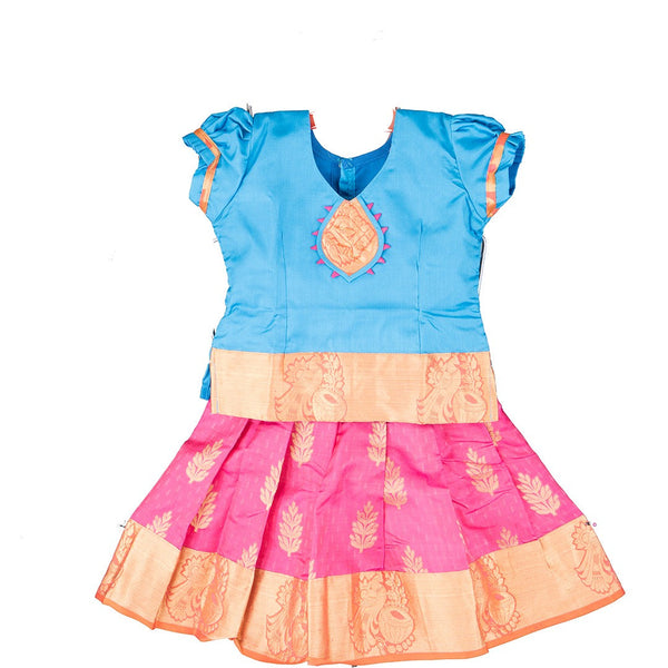 Pure Silk Light Sky Blue With Dark Pink 1 Years Baby Pavadai Set