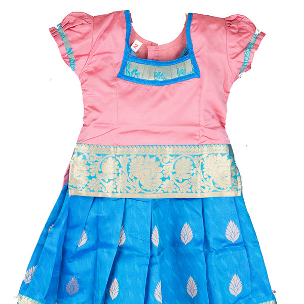 Pure Silk Light Pink With Sky Blue 2 Years Baby Pavadai Set