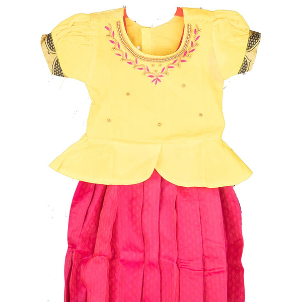 Pure Silk Lemon Yellow Dark Pink 3 Years Baby Pavadai Set