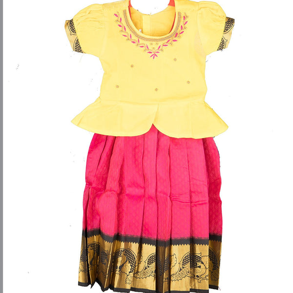 Pure Silk Lemon Yellow Dark Pink 3 Years Baby Pavadai Set