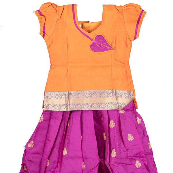 Pure Silk Apricot Orange With Magenta 3 Years Baby Pavadai Set