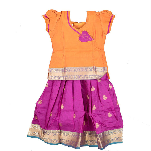 Pure Silk Apricot Orange With Magenta 3 Years Baby Pavadai Set
