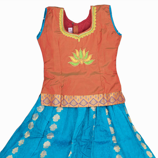 Pure Silk Dijon Yellow With Ramar Blue 4 Years Baby Pavadai Set