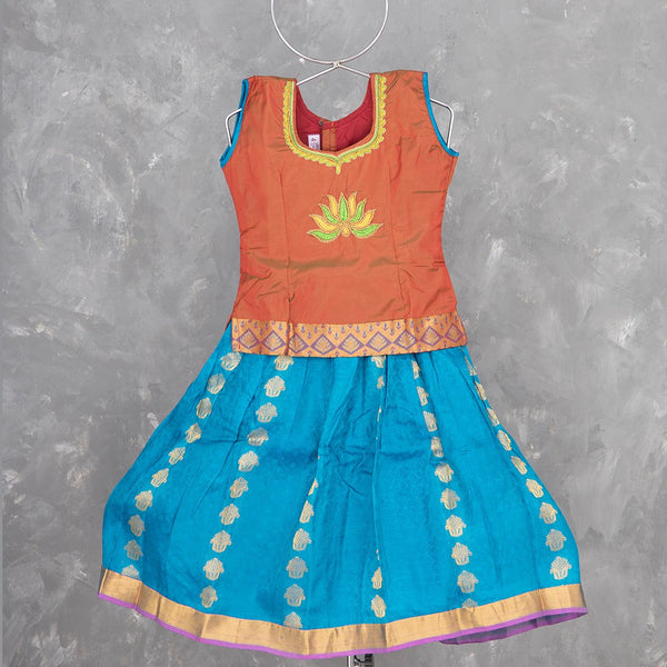 Pure Silk Dijon Yellow With Ramar Blue 4 Years Baby Pavadai Set