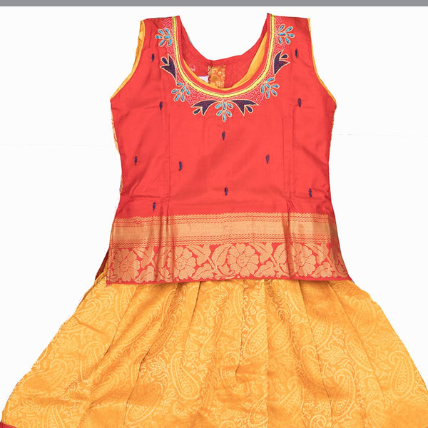 Pure Silk Orange With Mango Yellow 4 Years Baby Pavadai Set