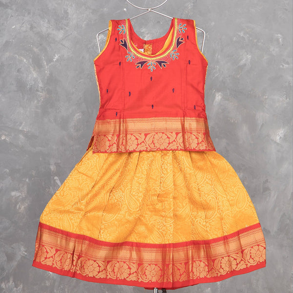 Pure Silk Orange With Mango Yellow 4 Years Baby Pavadai Set