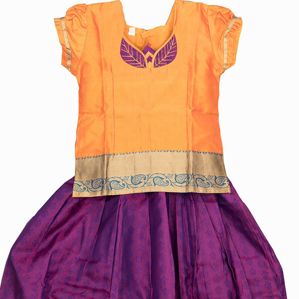 Pure Silk Golden Orange With Magenta Purple 6 Years Baby Pavadai Set