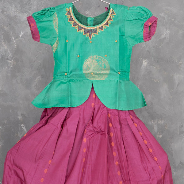 Pure Silk Ramar Green With Magenta Pink 6 Years Baby Pavadai Set