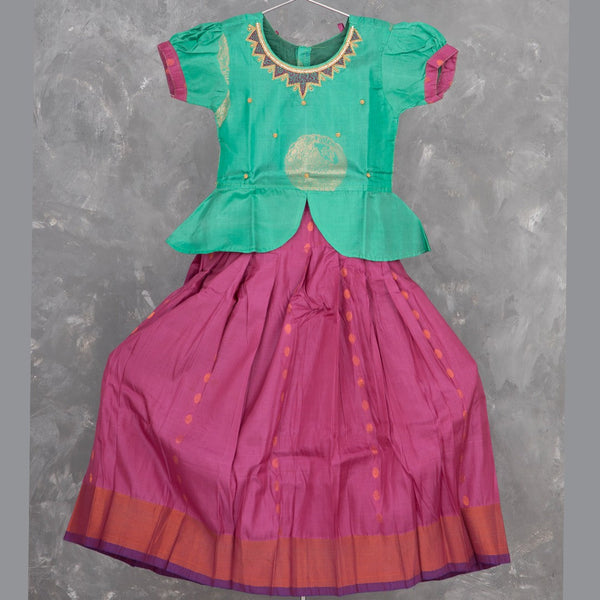 Pure Silk Ramar Green With Magenta Pink 6 Years Baby Pavadai Set
