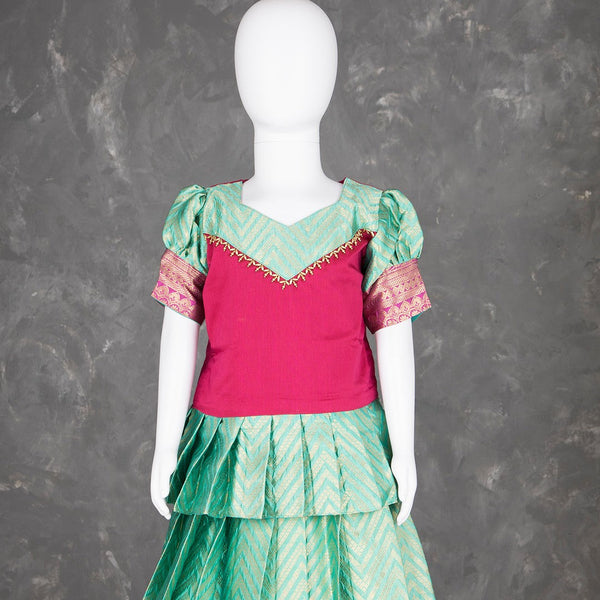 Magenta and Green Embossed Kids Pavadai